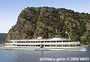 Rhine River day boat cruise: Lorelei Rock between Oberwesel and St. Goar on the Rhine River.